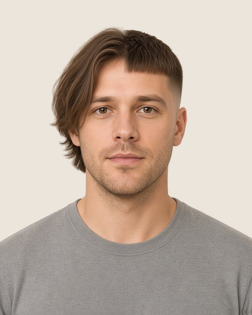 The same man shown half and half: his current medium-length curtain hair on the left, and a caesar short preview on the right.